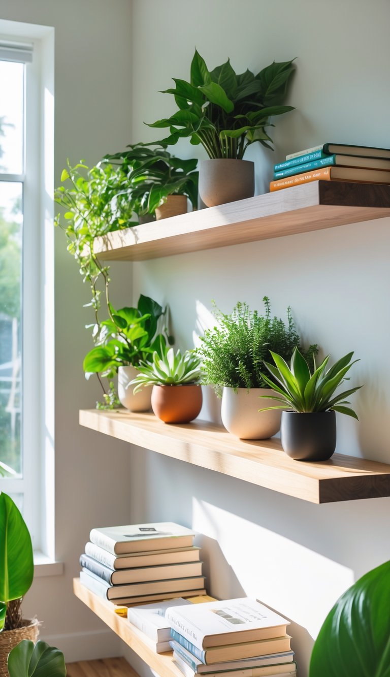Floating wooden shelves on a white wall displaying green plants and books in a well-lit living room.