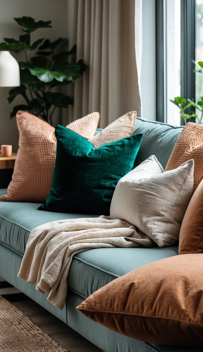 A living room sofa with several textured velvet and linen throw pillows near a window with natural light, next to a wooden side table with a lamp and a potted plant.