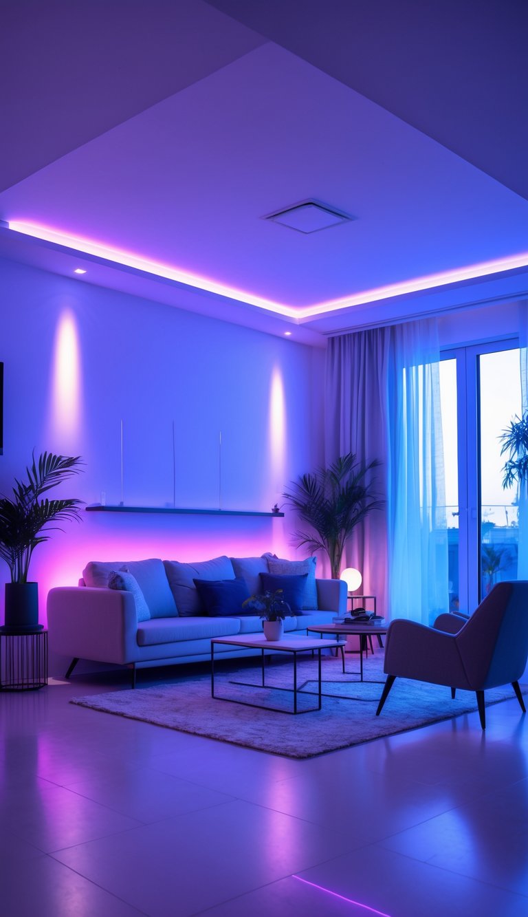 A modern living room with colorful smart lighting illuminating the space and a device showing color controls.