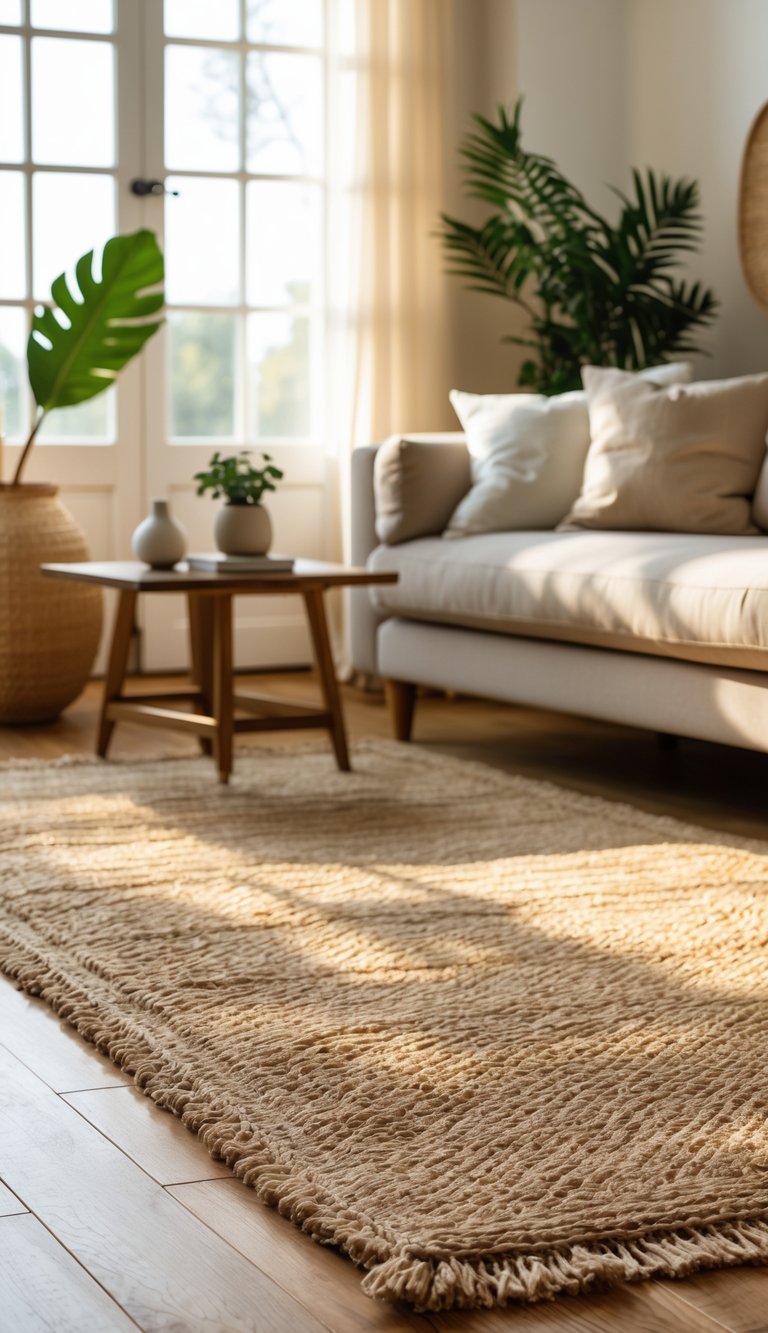 A living room with a jute rug on a wooden floor, a beige sofa, a wooden coffee table with a plant, and sunlight coming through a window.