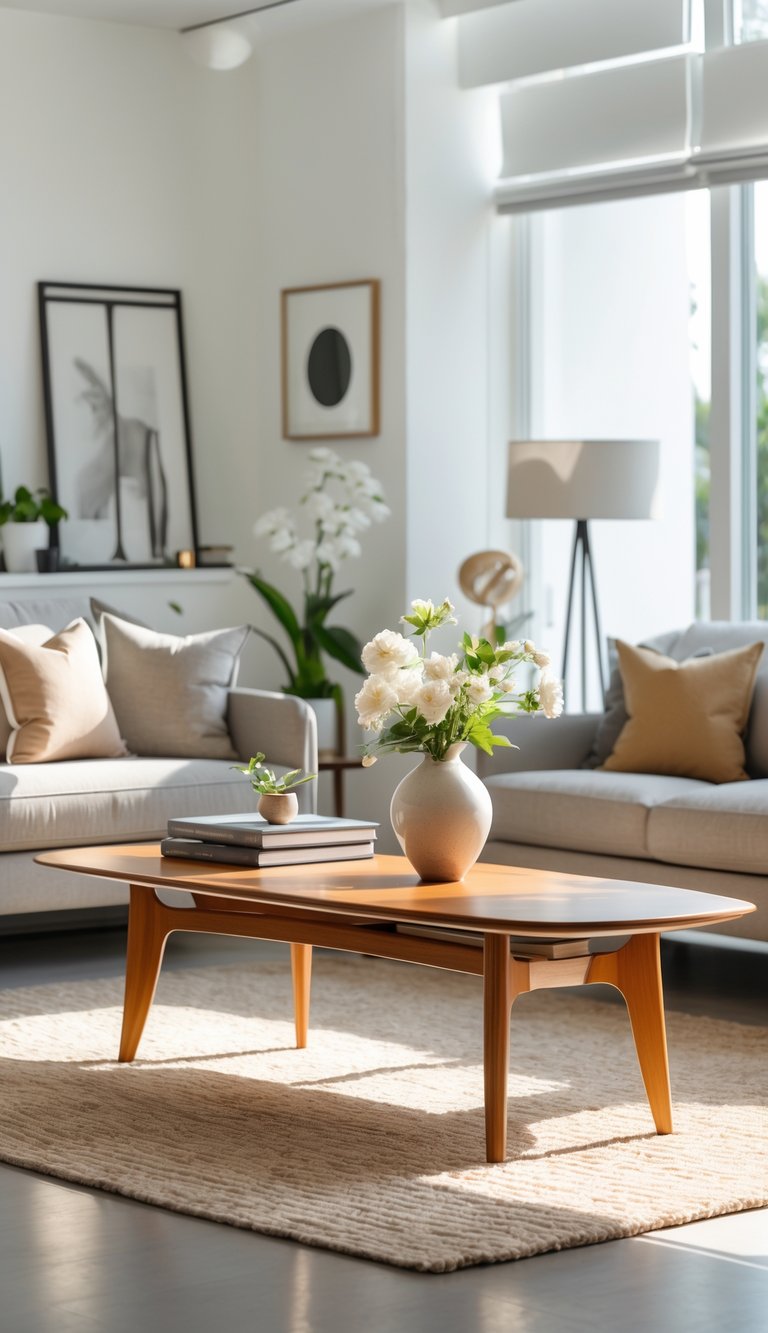 A living room with a wooden coffee table, sofa, armchairs, and decorative items like flowers and books, illuminated by natural light from large windows.