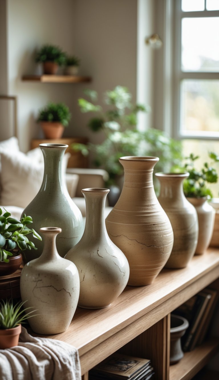 A group of vintage ceramic vases displayed on a wooden shelf with plants and soft natural light in a living room.