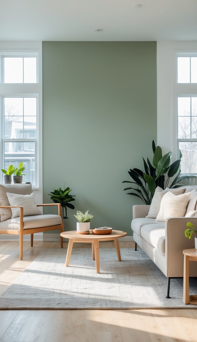 Living room with a muted sage green accent wall, beige sofa, wooden coffee table, and indoor plants.