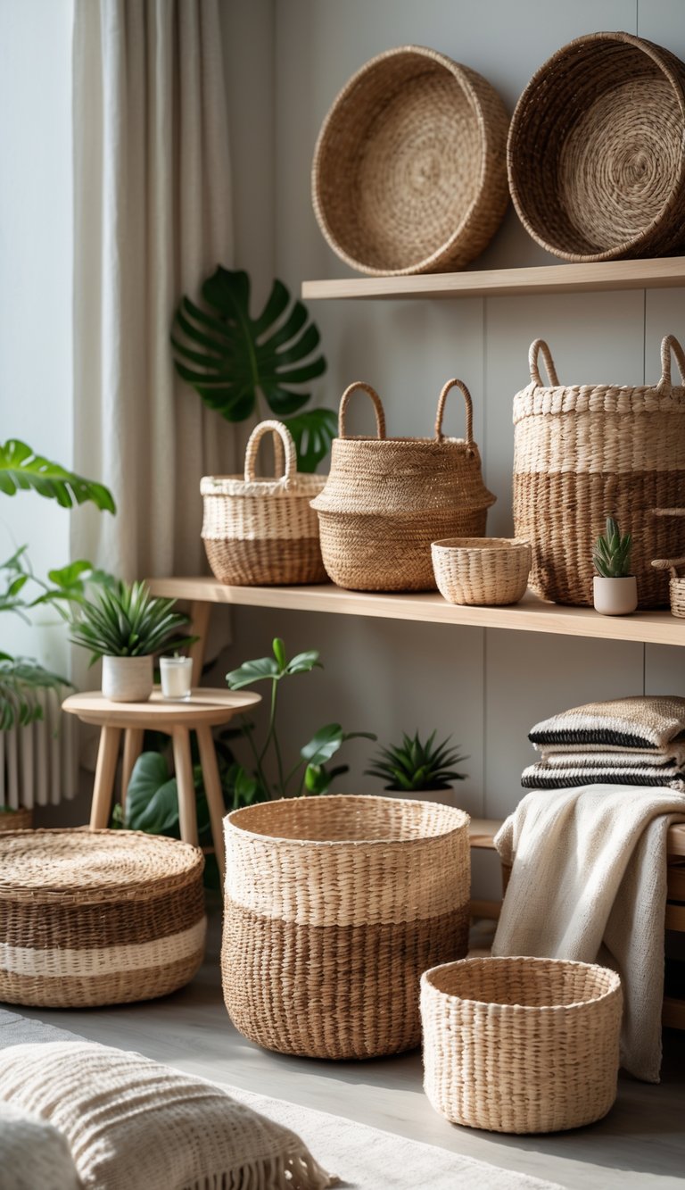 Various woven baskets arranged on shelves and tables in a cozy living room with plants and textiles.