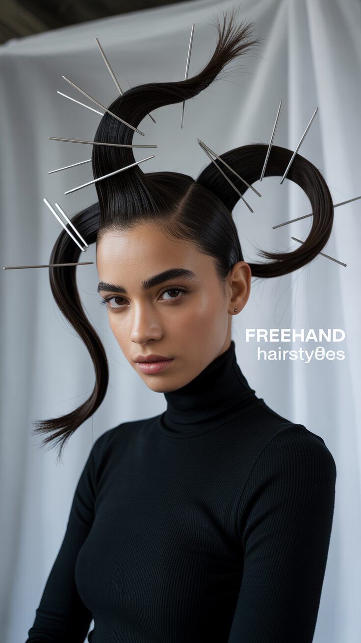 For special occasions or editorial looks, a sculptural freehand style pushes boundaries with dramatic shapes and unexpected elements. Using your hands to mold, twist, and position the hair, you can create architectural forms that defy gravity. Reinforced with products and pins, these statement styles are true hair art. You'll make an unforgettable impression with these conversation-starting creations.