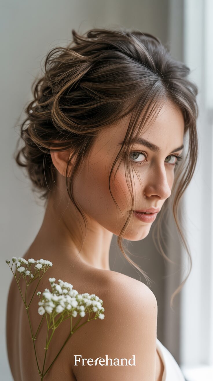A freehand textured updo breaks away from structured styling, allowing you to create a soft, effortless-looking arrangement based on your hair's natural texture. Gather sections loosely, twisting and pinning as you go, without overthinking placement. This approach creates beautiful dimension and a romantic, lived-in feel. You'll appreciate how this style can be adjusted throughout the process until you achieve your desired look.