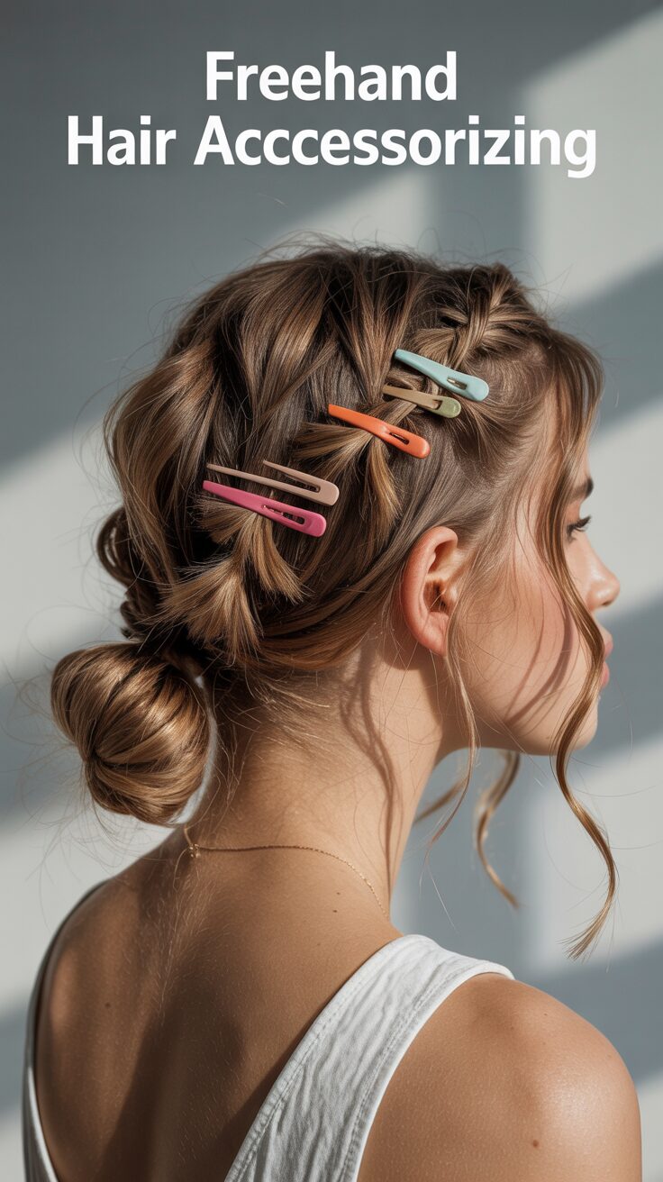 Freehand hair accessorizing involves placing pins, clips, ribbons, or other decorative elements throughout the hair without a predetermined pattern. This creative approach allows you to build a look organically, adding pieces where they create the most impact. The asymmetrical, personalized result feels modern and artistic. You'll love experimenting with different placements to create unique looks for any occasion.
